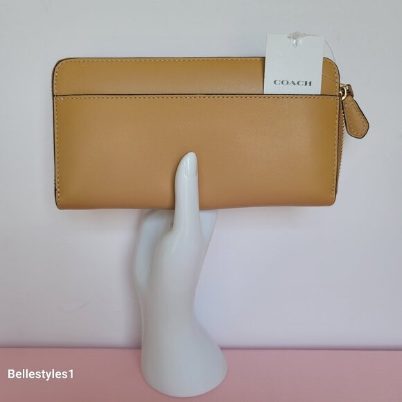 COACH Smooth Leather Zip-Around Accordion Wallet with Back-Slip Pocket-Tan color - Picture 8 of 16